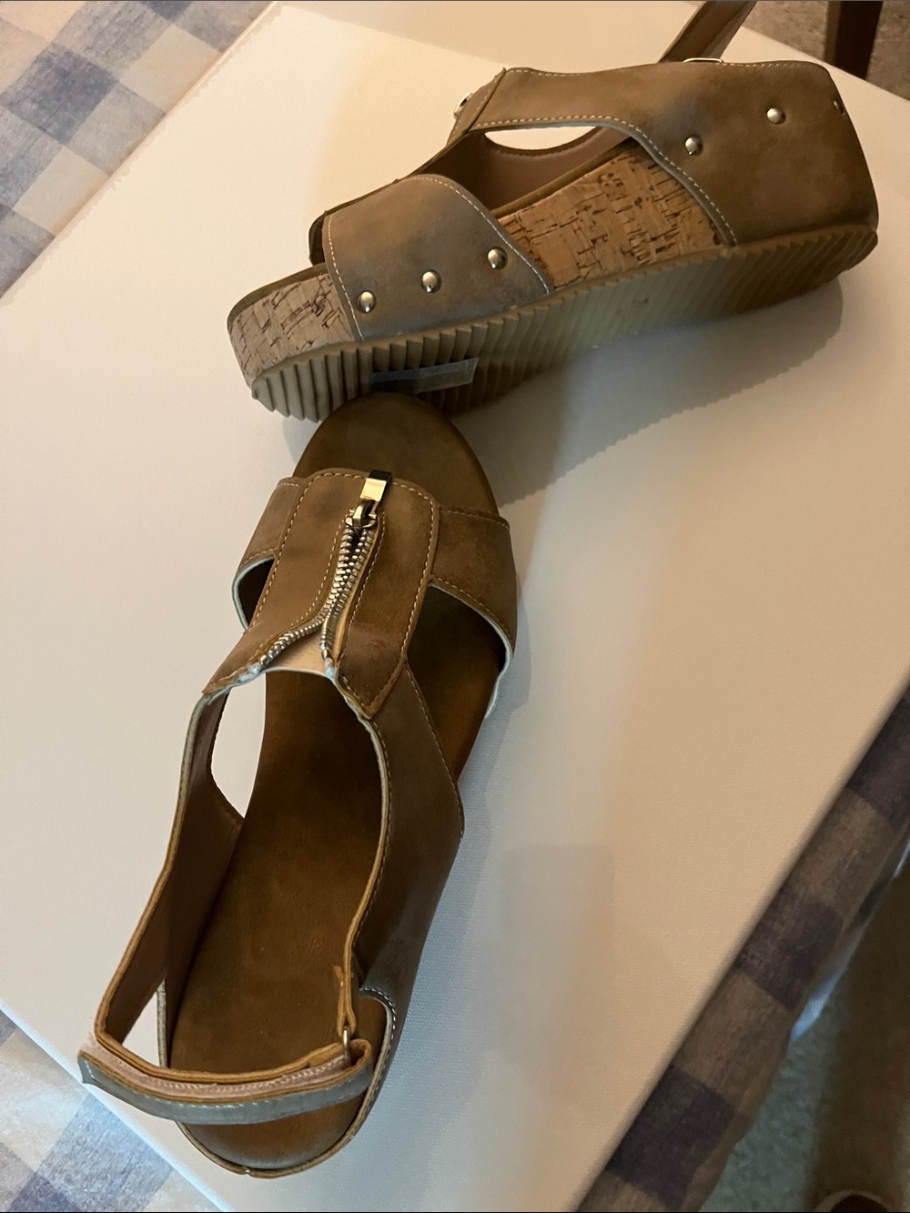 Women's Taupe Zip-Front Cork Wedge Sandals